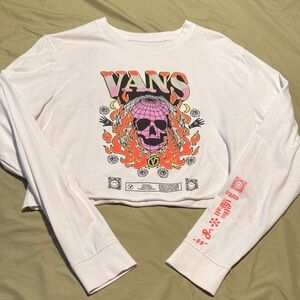 Vans White Long Sleeve cropped Tee with Skull and Flames